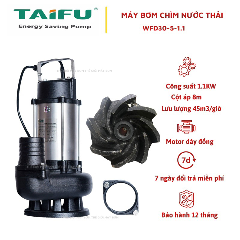 Máy bơm chìm nước thải 1.1Kw Thân INOX 304 TAIFU WFD30-5-1.1 - Bảo hành 1 năm