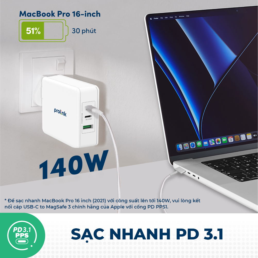 Củ sạc nhanh Prolink GT314001 3 cổng 140W (PD 3.1 &amp; QC4+) công nghệ GAN phù hợp Laptop, Tablet, điện thoại - Hàng chính hãng