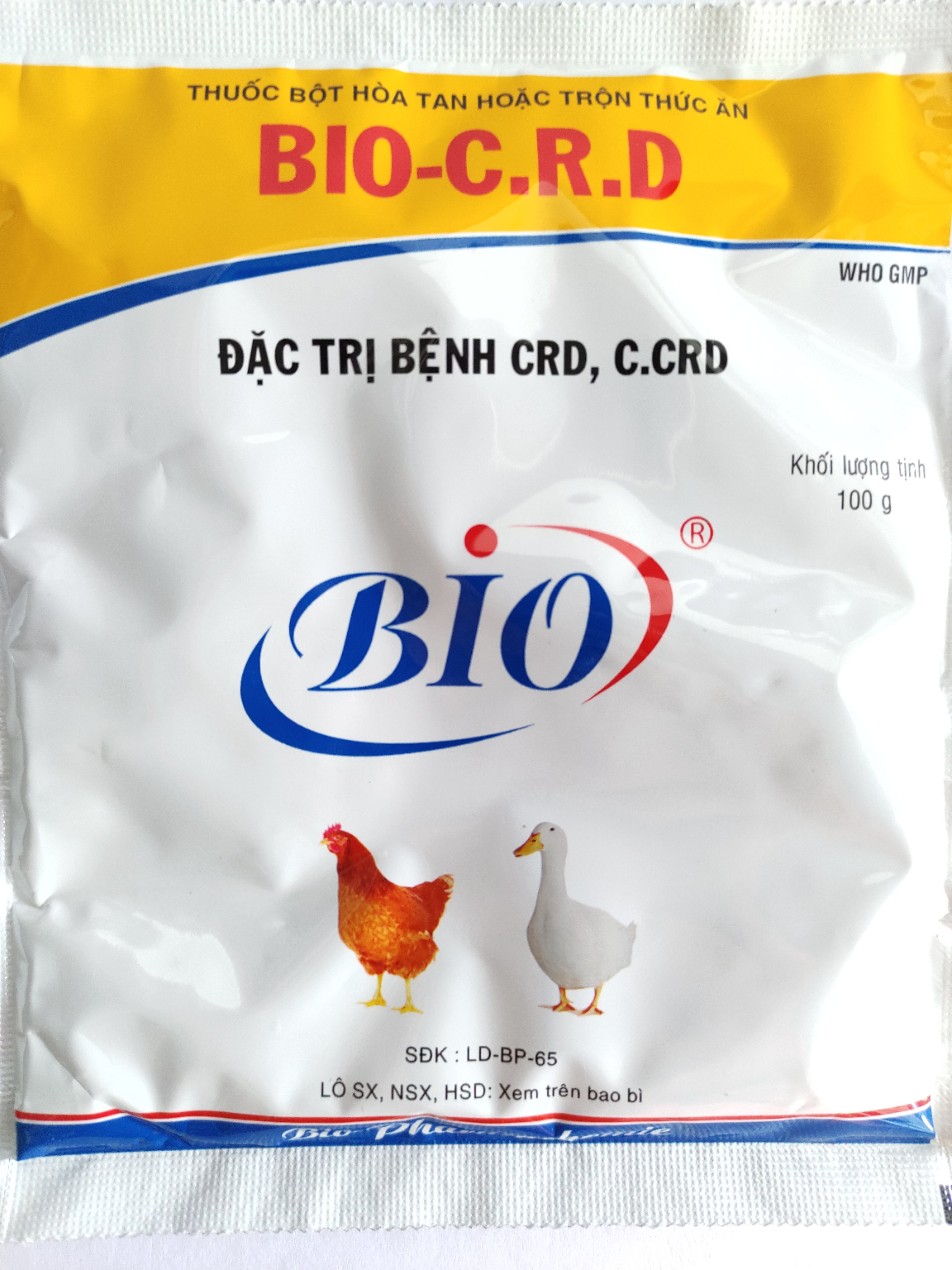 BIO C R D 100G Thuốc bột hoà tan hoặc trộn thức ăn đặc trị bệnh crd c.crd trên gà vịt