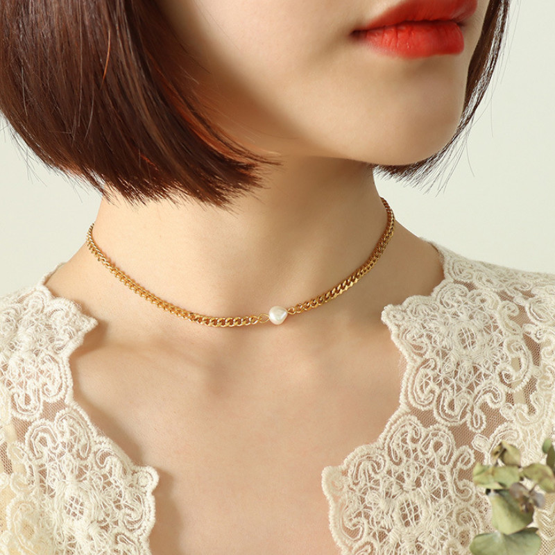 Dây Chuyền Choker Dây Xích Mặt Ngọc Trai Titan Ko Đen TT 4238