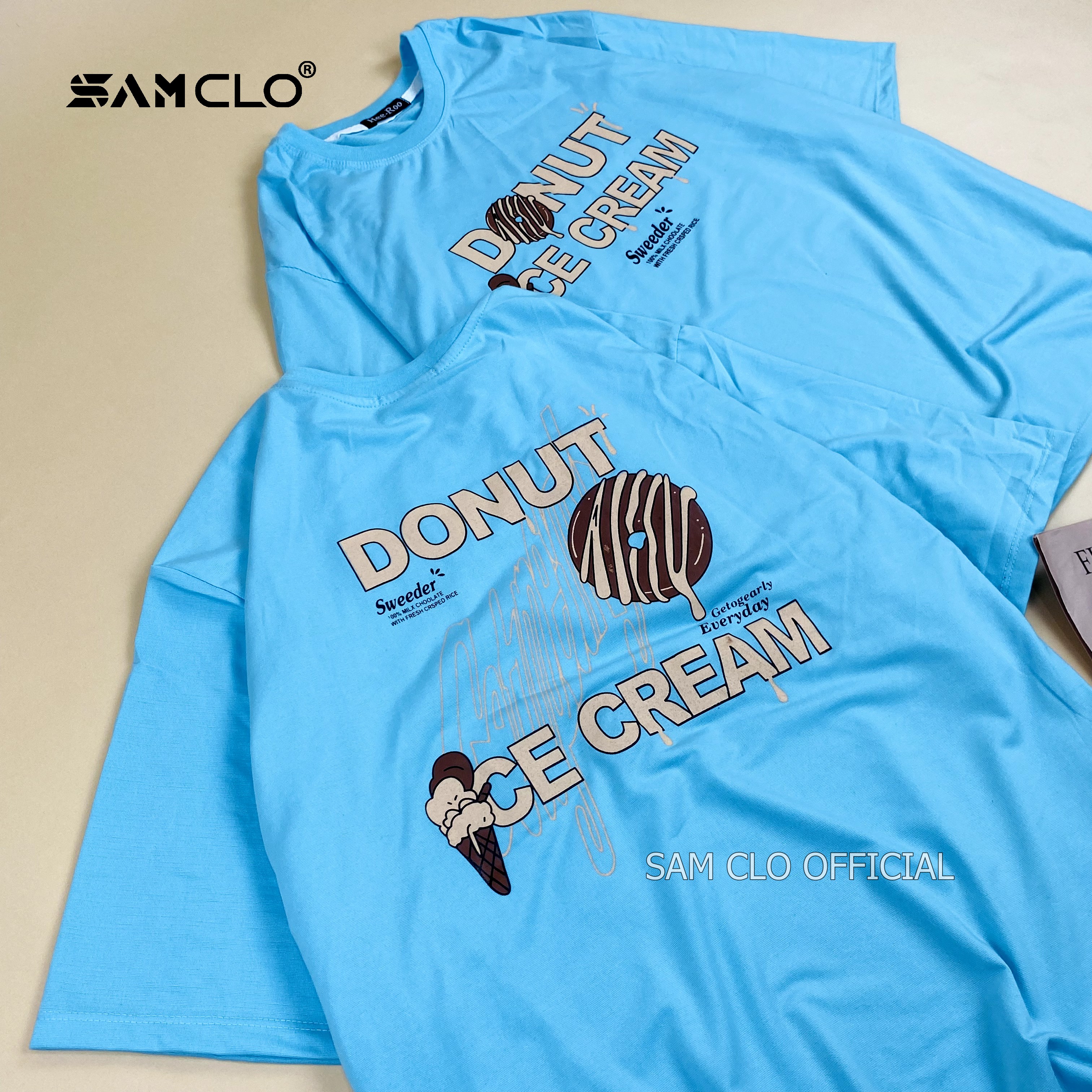 Áo thun tay lỡ nữ SAM CLO freesize phông form rộng dáng Unisex - mặc cặp, nhóm, lớp in hình bánh DONUT ICE CREAM màu xanh dương