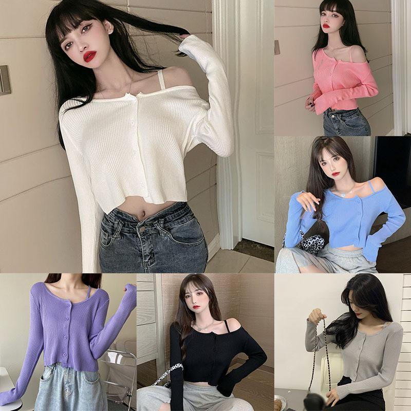 Áo Cardigan Dệt Kim Tay Dài Thiết Kế Lệch Vai Quyến Rũ Cho Nữ