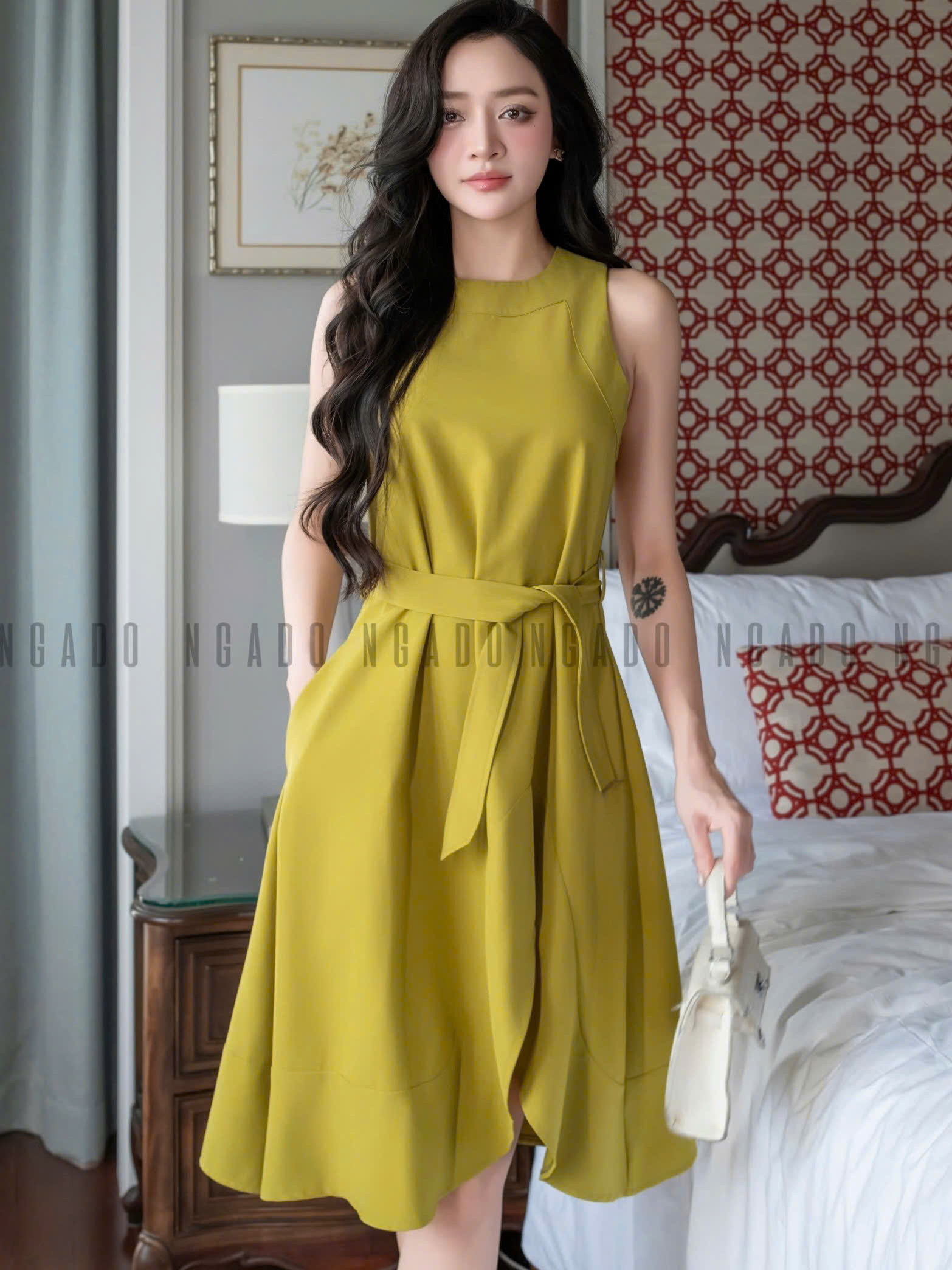 Đầm xanh bơ sát nách NGADO , đầm Nữ , đầm ngắn , đầm dự tiệc