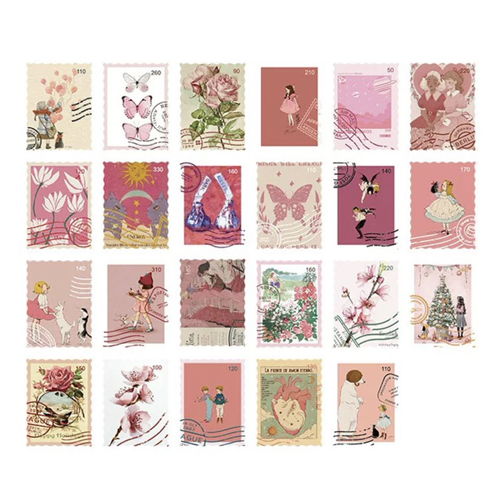 Hộp 46 pcs stickers dạng tem thư kiểu cổ điển vintage dùng để trang trí sổ tay nhật kí