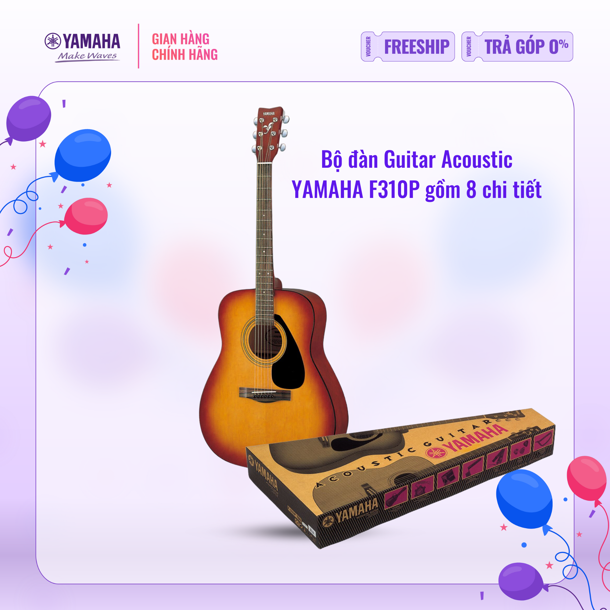 Bộ Đàn Guitar Acoustic Yamaha F310P Gồm 8 Chi Tiết - Trọn Bộ Bạn Cần Cho Người Mới Bắt Đầu Chơi Đàn, Sản Phẩm Chính Hãng - Tobacco Brown Sunbrust
