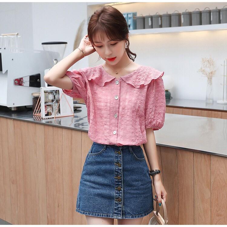 Áo Kiểu Sơ Mi Nữ Hàn Quốc Cổ Tròn Bèo Tay Phồng Công Sở Thời Trang Đẹp