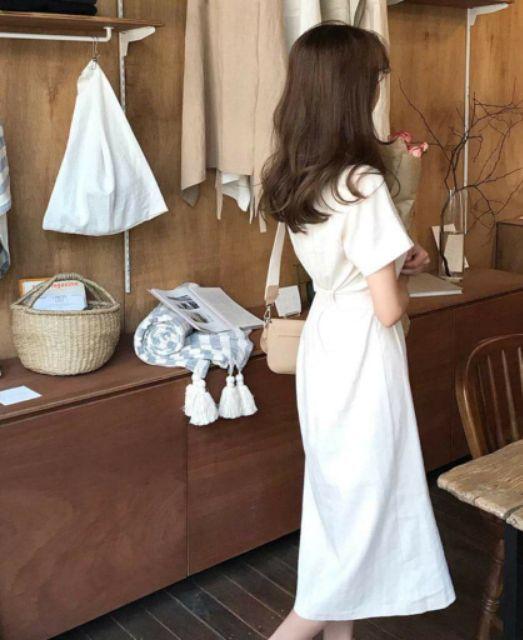 Đầm váy trắng nút xéo form to