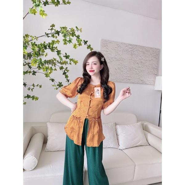 Đồ Bộ Mặc Nhà Nữ - Bộ Gấm cao cấp nút bọc, Quần suông, Freesize 40-60kg, tuỳ chiều cao - HÌNH SÀN CHỤP THẬT