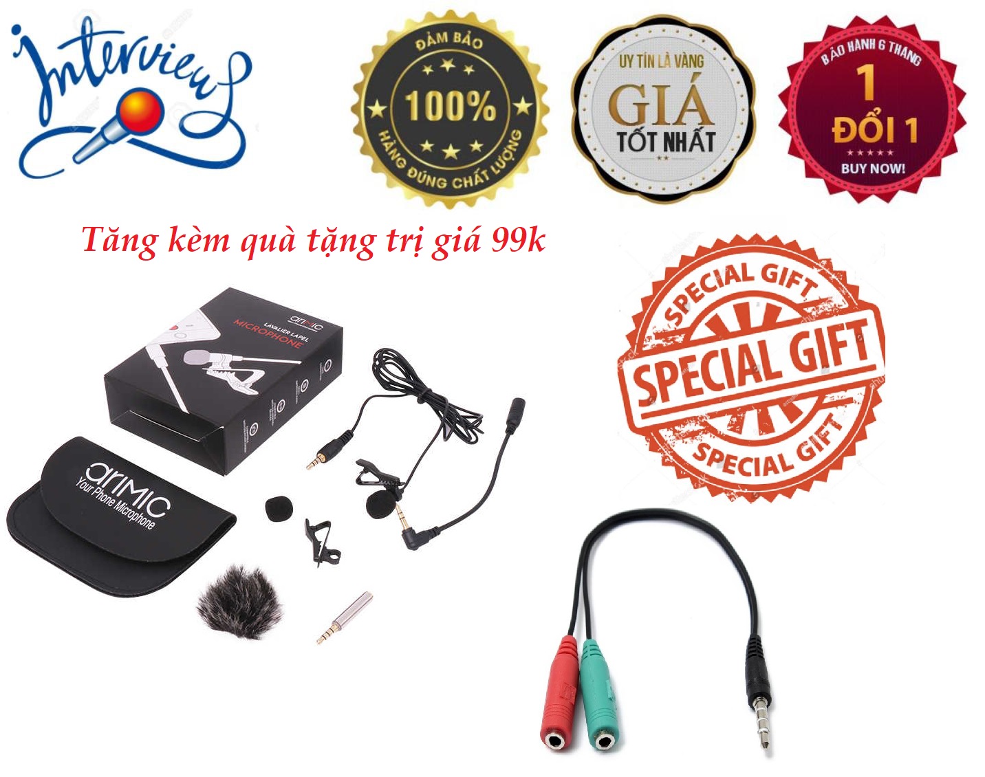 ROGTZ - Micro thu âm Arimic cài áo Thu âm đa hướng Dây mềm 1.5m Tương thích Điện thoại, Máy ảnh Bông lọc micro Giắc cắm 3.5mm TRRS Adapter 4 khấc Túi da đựng  - Hàng chính hãng