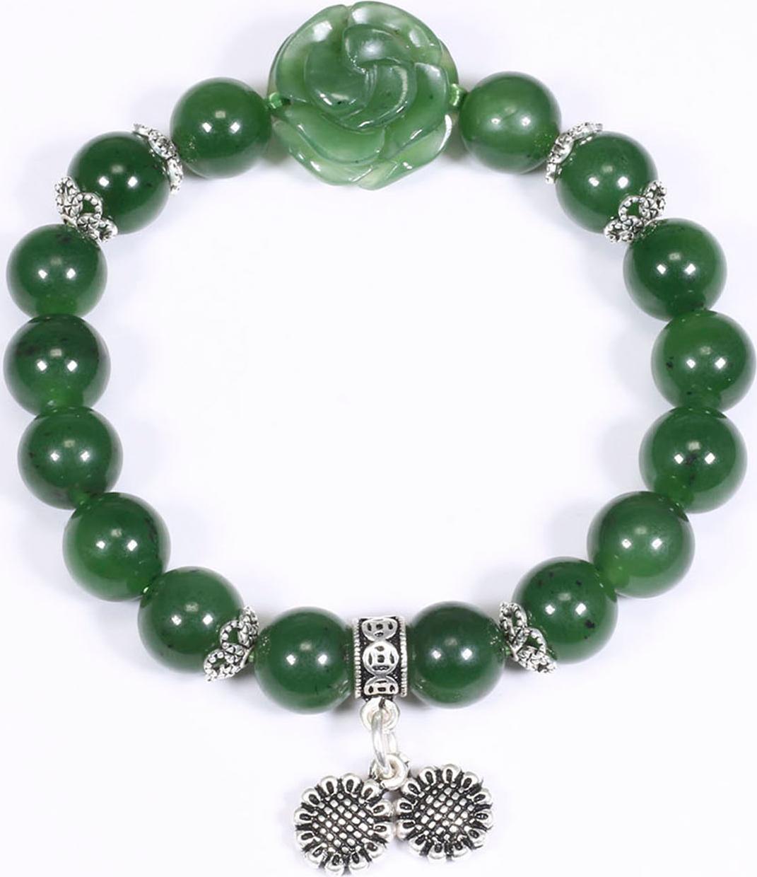 Vòng tay đá ngọc bích mix hoa mẫu đơn và charm bạc hạt đá 10mm mệnh hỏa, mộc - Ngọc Quý Gemstones