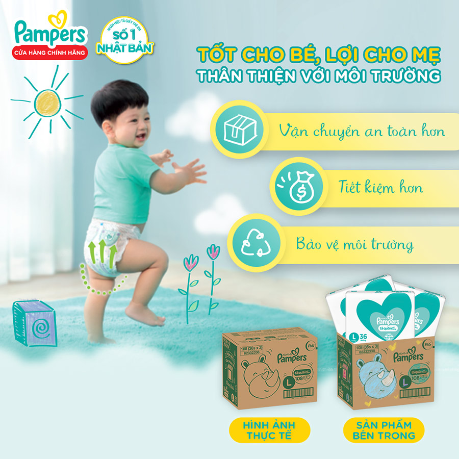 Thùng Tối Ưu Phí Vận Chuyển 3 Gói Tã Quần PAMPERS Giữ Dáng Size L(108 miếng, 9-14kg)/ XL (96 miếng, 12-17kg)/ XXL(84 miếng, 15-25kg), Chống Xệ