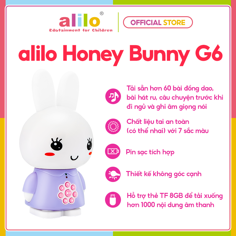 Đồ chơi âm nhạc giáo dục cho trẻ Alilo Honey Bunny G6 cho trẻ từ 0-4 tuổi, hỗ trợ học tiếng anh sớm - Hàng chính hãng - Máy phát nhạc, kể chuyện cho bé, trợ lý giấc ngủ giúp bé ngủ ngon