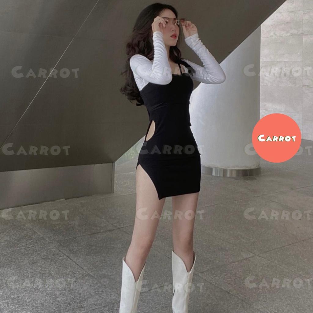 Đầm body sexy tay dài carrotxinhdep váy ôm eo ôm ngực màu đen ngắn dự tiệc chất thun gân co giãn tặng kèm áo trắng