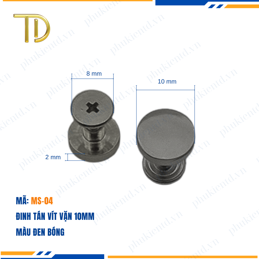Đinh tán vít vặn, đinh tán vặn ren túi xách 10mm công nghệ mạ điện Electroplating độ bền 5-8 năm
