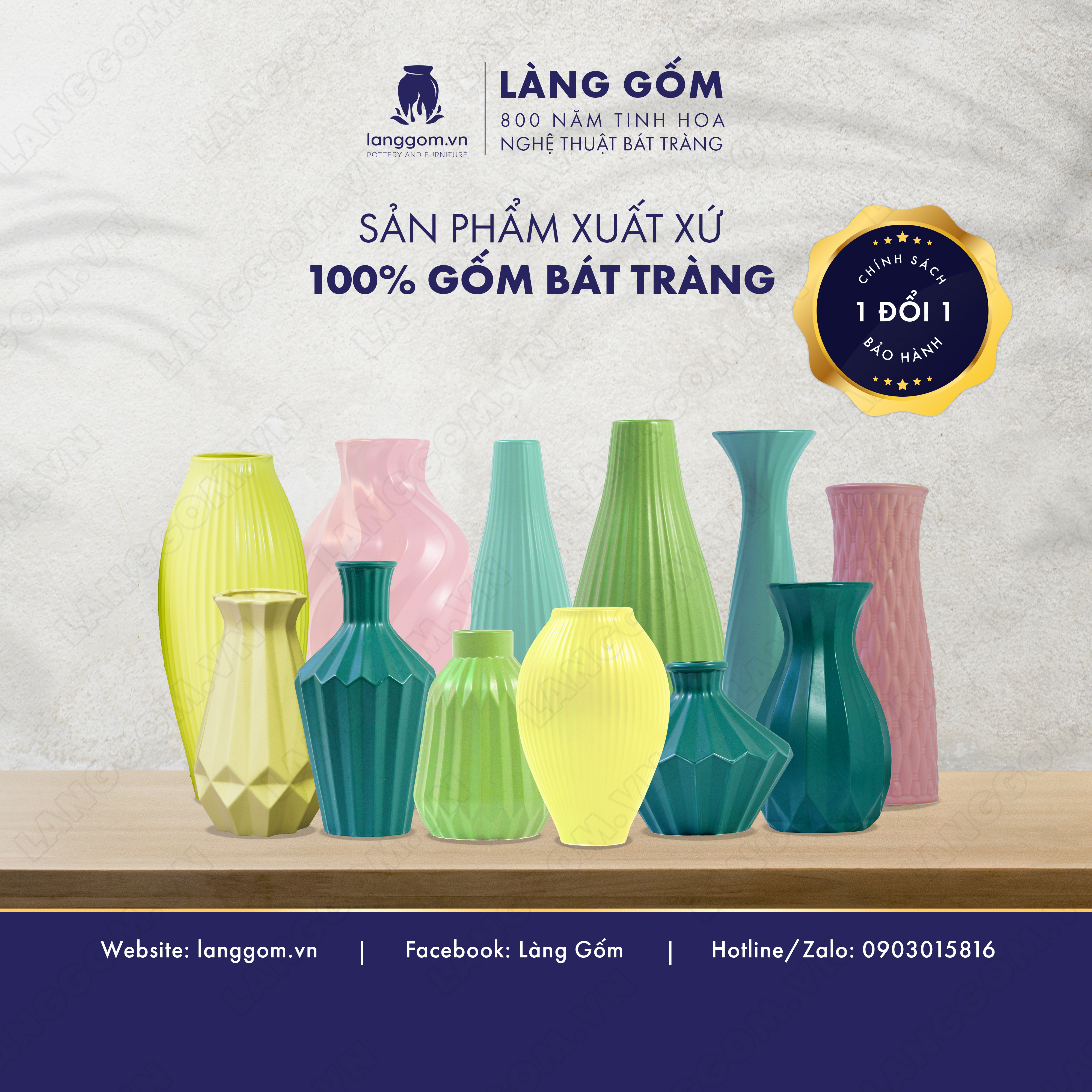 Bình hoa trang trí, Lọ hoa men mát ống kim cương - Gốm sứ Bát Tràng - langgom.vn