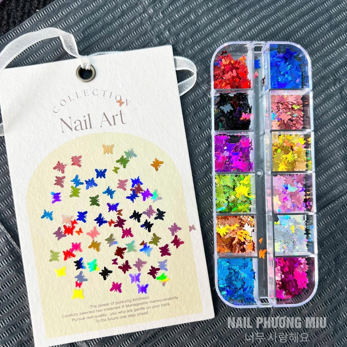 Set Kim Tuyến 12 Màu Lá Phong Bướm Sequin Làm Nail Siêu Lấp Lánh, Lá Thông Siêu Mỏng Dễ Đắp, Tạo Móng Sinh Động