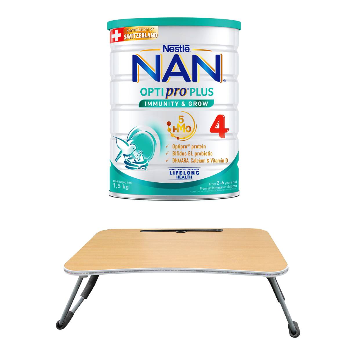 Sữa bột Nestlé NAN OPTIPRO PLUS 4 1500g/lon với 5HMO Giúp tiêu hóa tốt + Tăng cường đề kháng (2 - 6 tuổi) - Tặng Bàn học gấp gọn