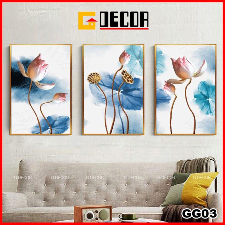 Tranh treo tường canvas 3 bức phong cách hiện đại Bắc Âu 03, tranh hoa sen trang trí phòng khách, phòng ngủ phòng thờ