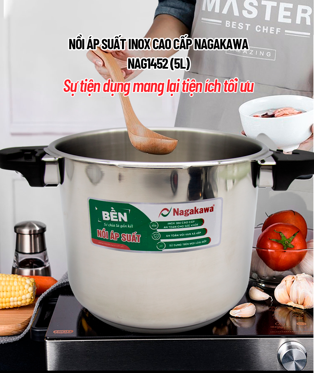 Nồi Áp Suất Cơ Inox Cao Cấp Đáy Từ Nagakawa NAG1452 (5L) - Dùng Trên Mọi Loại Bếp - Hàng Chính Hãng