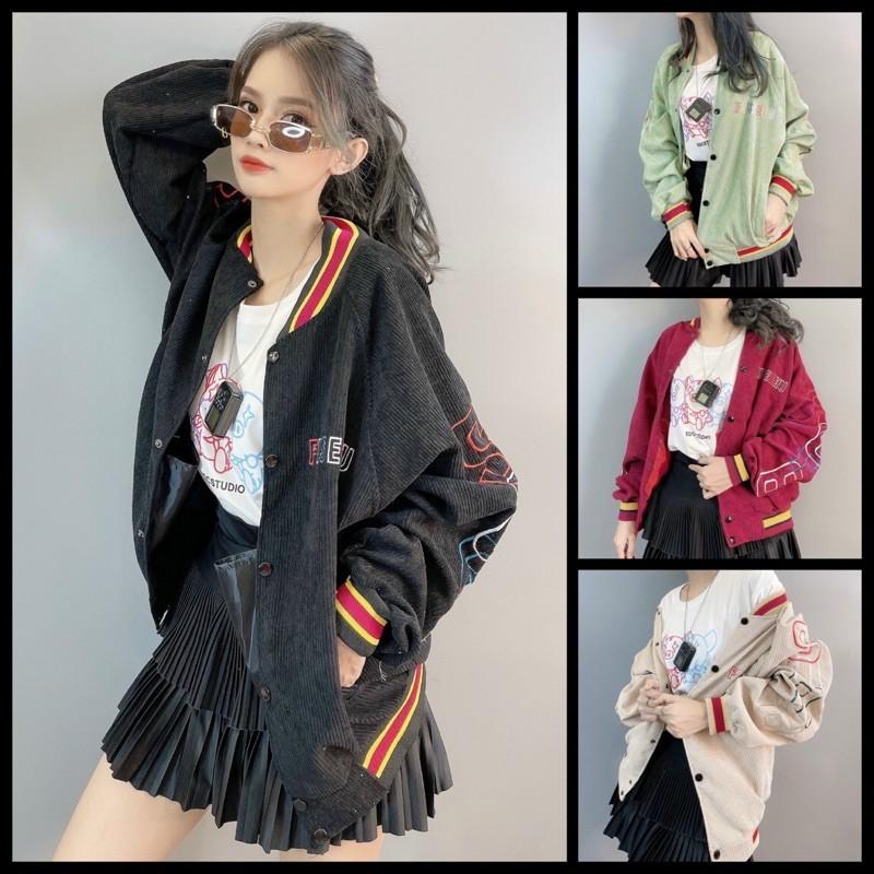 Áo khoác bomber thêu kaki nhung gân ảnh thật cuối