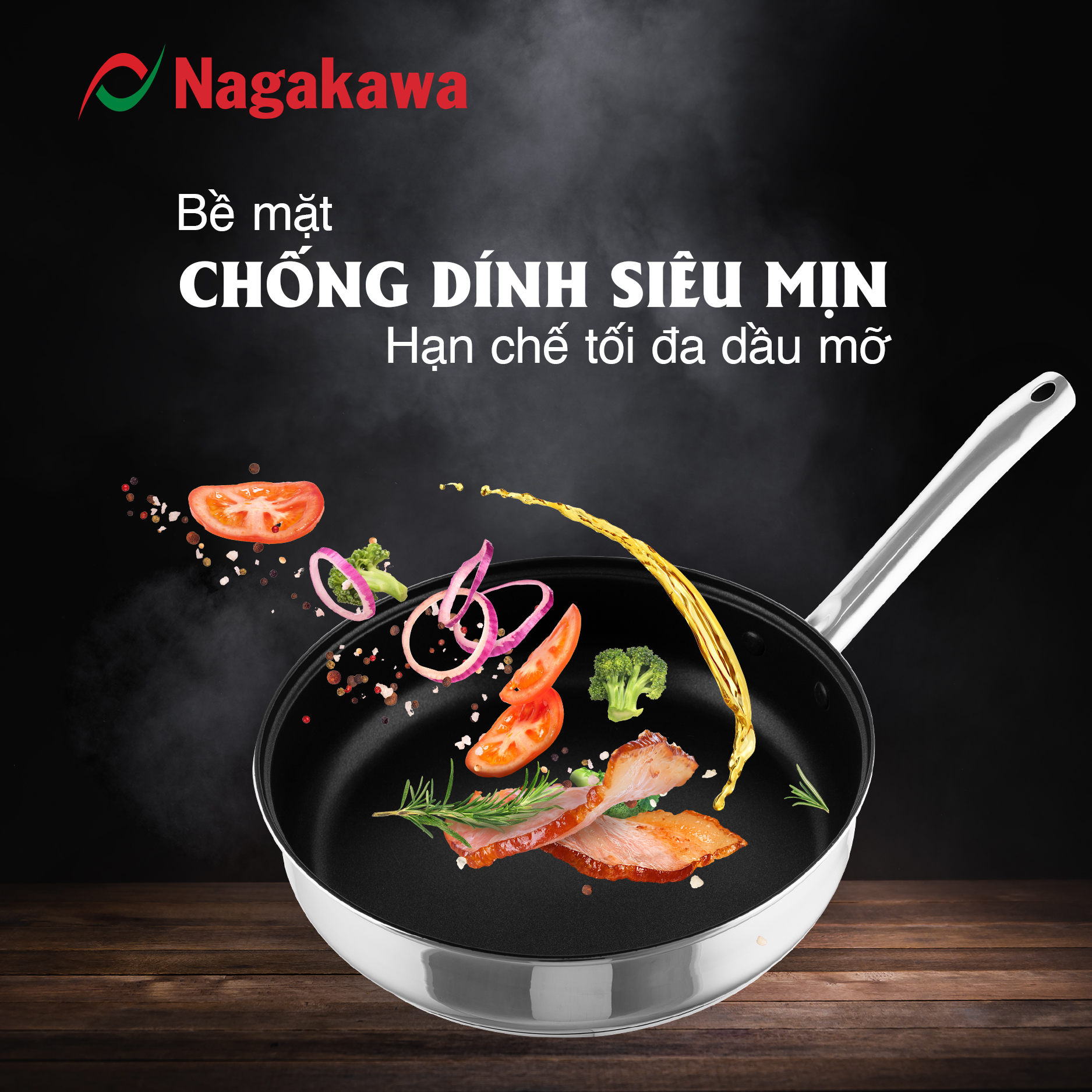Chảo chống dính inox đa lớp Nagakawa Aki NAG04 - Dùng trên mọi loại bếp - Hàng chính hãng