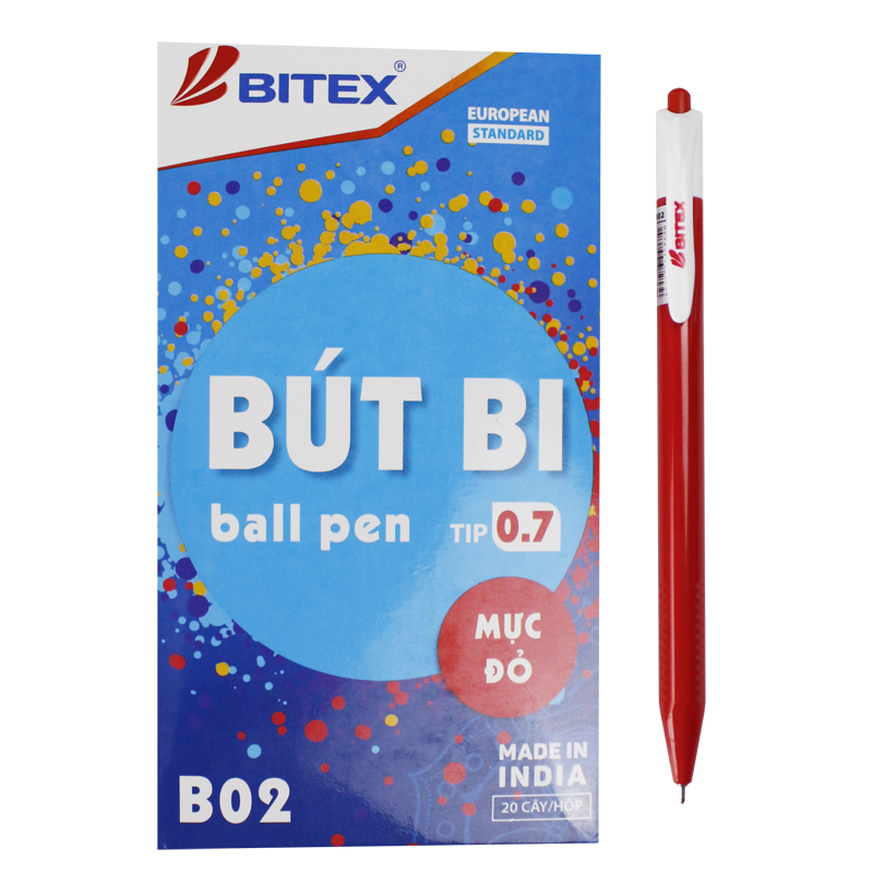 Bút bi Bitex (0.7mm) B02 - Xanh, đỏ, đen (20 cây/hộp)