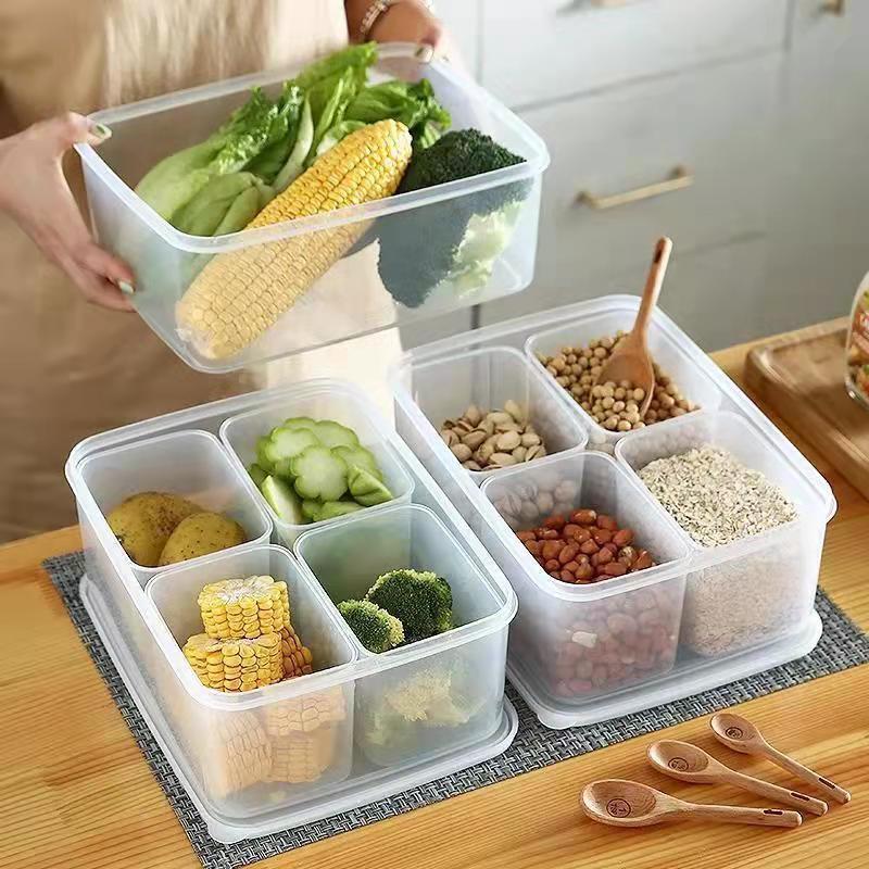 Hộp Nhựa Đựng Thực Phẩm Tủ Lạnh, Hộp Bảo Quản Thực Phẩm Chia 4 Ngăn Có Nắp Đậy Tiện Lợi