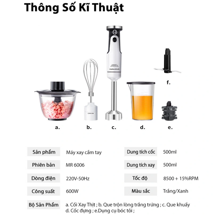 Máy xay sinh tố cầm tay 4 trong 1 Morphy Richards MR6006, công suất 600W, tích hợp 8 tốc độ quay cùng chế độ Turbo, dung tích cối chứa 500ml- Hàng chính hãng