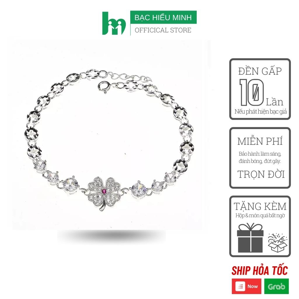 Vòng tay BẠC HIỂU MINH LTU519 cỏ 4 lá may mắn đính đá nữ tính đơn giản bạc thật 925