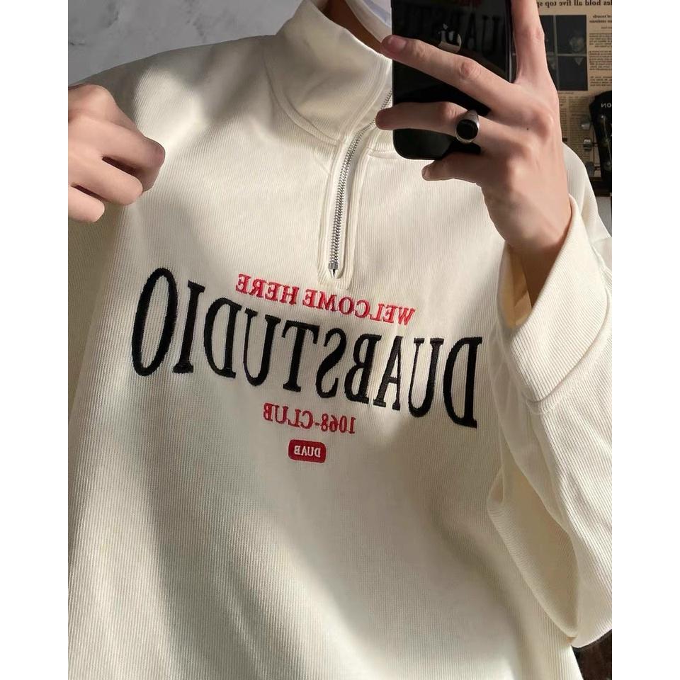 Áo sweater cổ bẻ khoá zip chất liệu bo tăm hoạ tiết thêu form rộng oversize nam nữ unisex