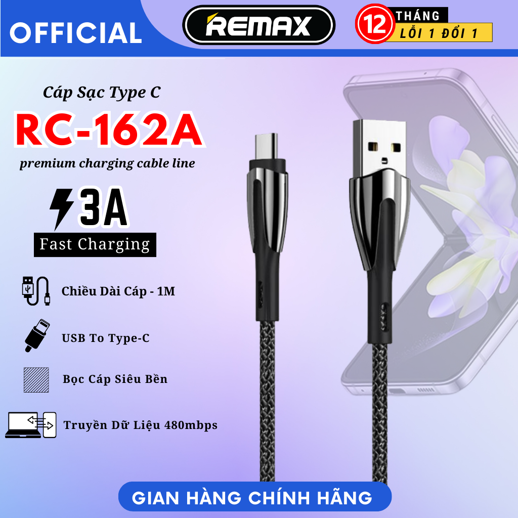 Cáp sạc nhanh truyền dữ liệu USB Type C 3.0A Remax RC-162a Dây Sạc nhanh Type C QC3.0 Cáp typec andoird - Hàng Chính Hãng