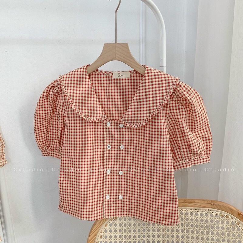 Áo kẻ cổ viền bèo