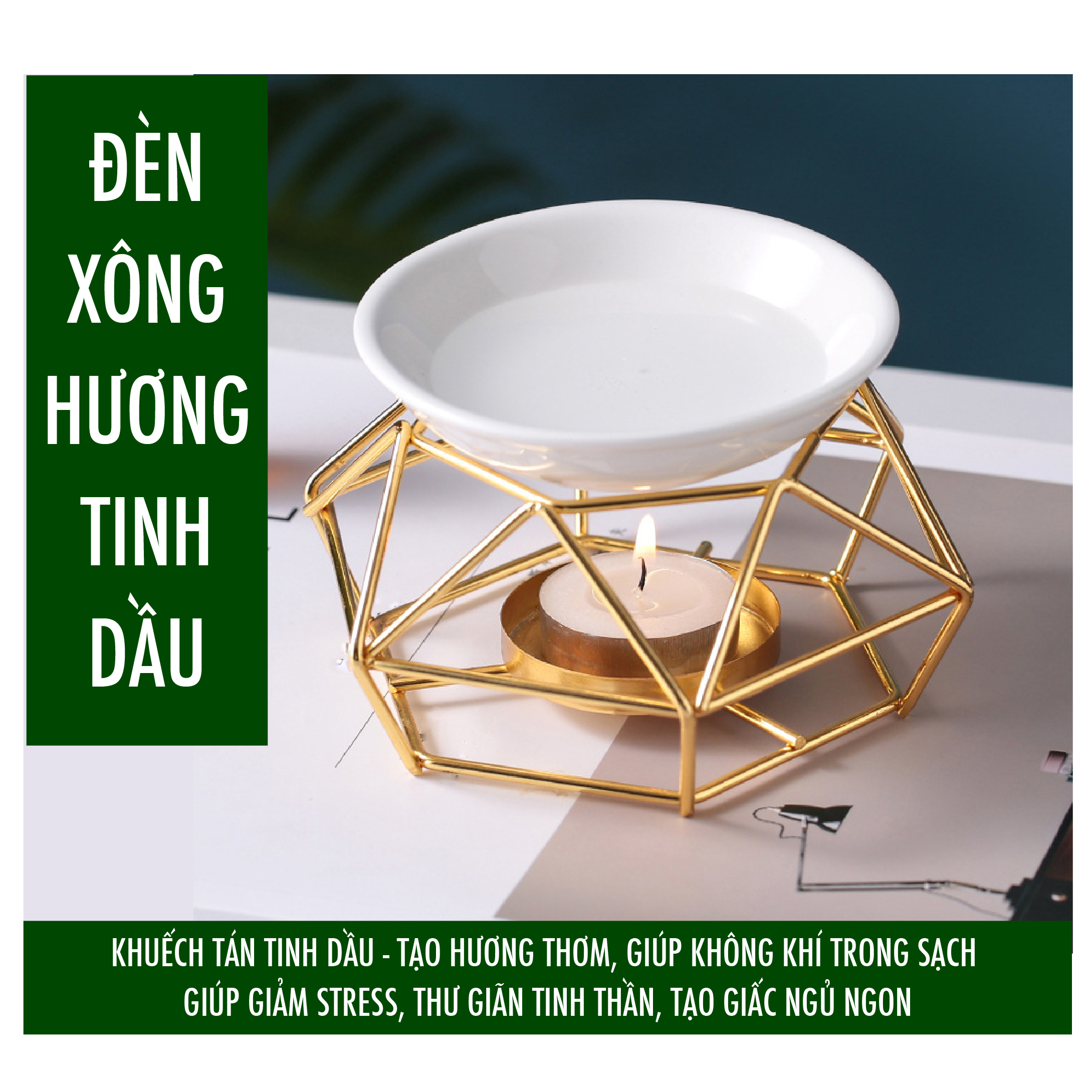 Đèn xông tinh dầu, đèn khuếch tán hương thơm, đèn đốt nến quả cầu vàng- Combo 1 bộ đèn + 1 bộ 10 nến tealight