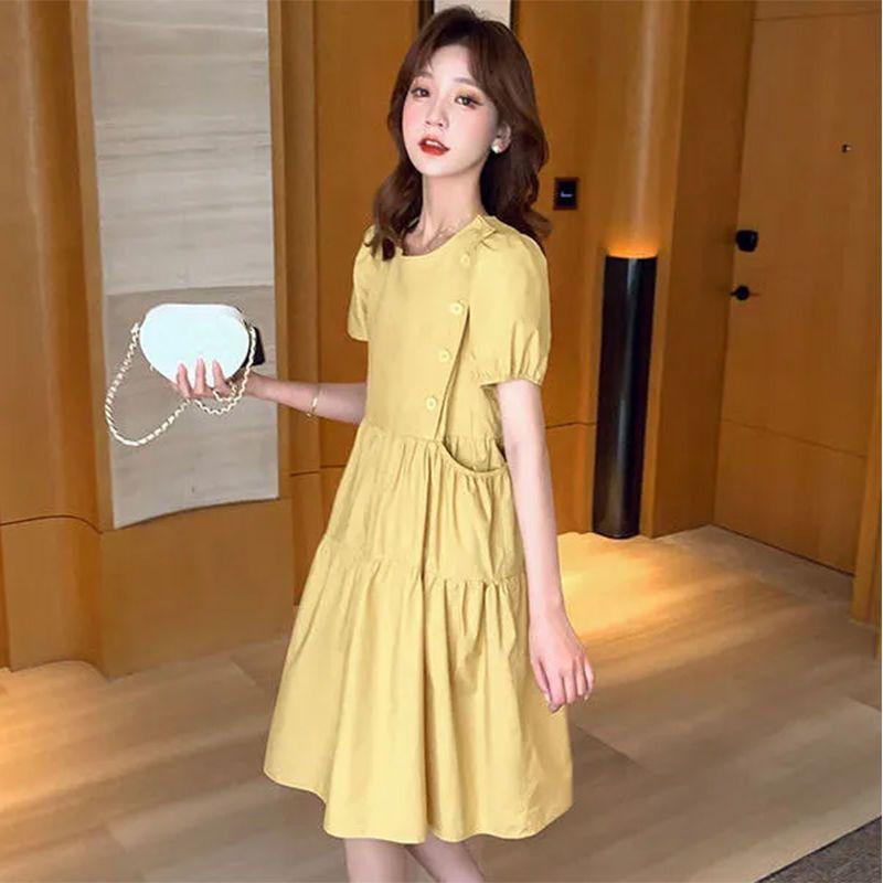 SHUANGYAN Một bên cắt bong bóng tay áo đầm cho phụ nữ 2022 mùa hè Hàn Quốc giảm tuổi hiển thị gầy thiết kế váy ẩm