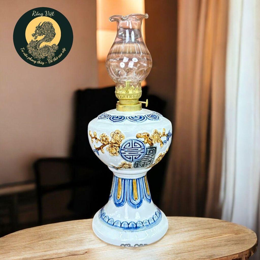 Đèn Dầu Gốm Bát Tràng Men Xanh Rồng Việt - Cao 26cm & 28cm, Đắp Nổi Đào Thọ Cao Cấp(cả bóng đèn)