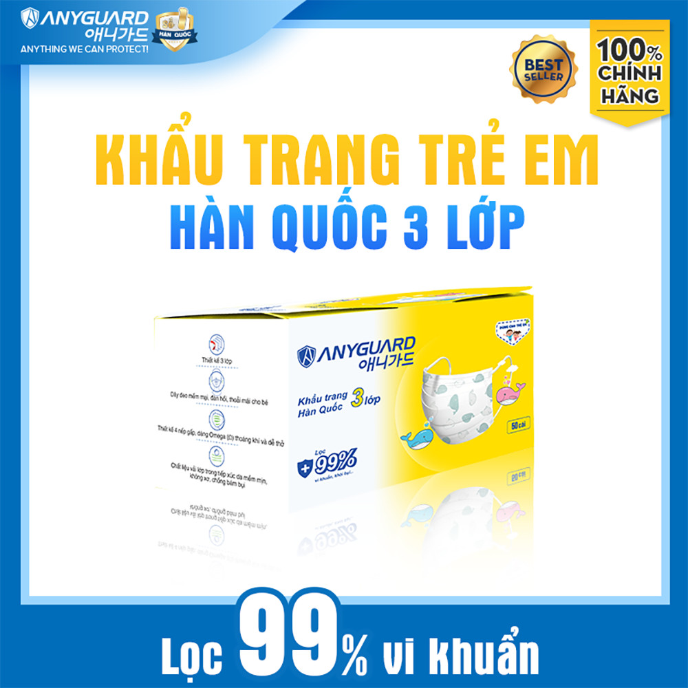 Khẩu Trang Trẻ Em Anyguard Hàn Quốc 3 Lớp Chính Hãng (Cho Bé Dưới 7 Tuổi - Hộp 50 Chiếc)-베이비 마스크 - Face Mask For Kids Under 7 yearsold-ISO 9001:2015, ISO 13485:2016, QCVN 01:2017/BTC