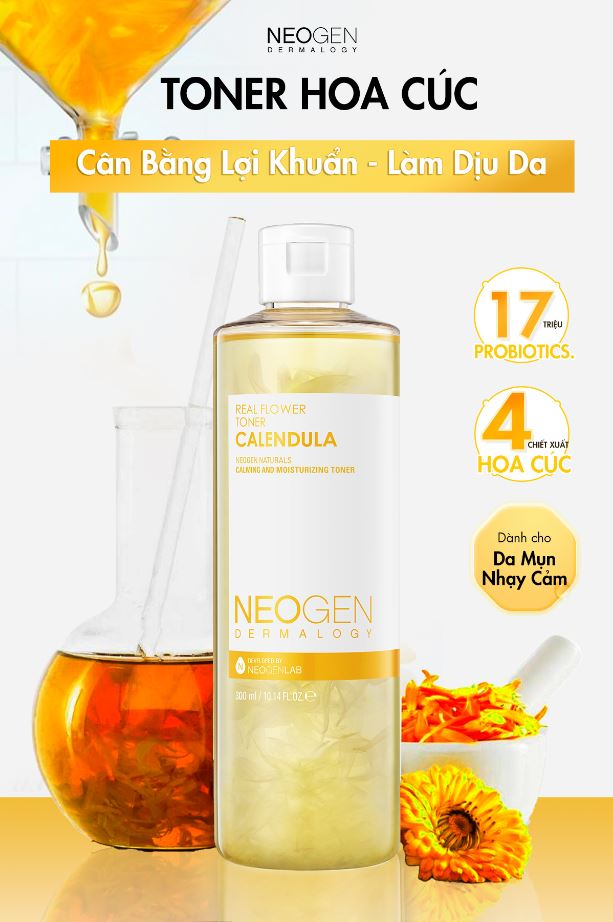 Nước Hoa Hồng Chiết Xuất Hoa Cúc Siêu Cấp Ẩm Dịu Da Cho Da Mụn Neogen Dermalogy Real Flower Calendula Toner