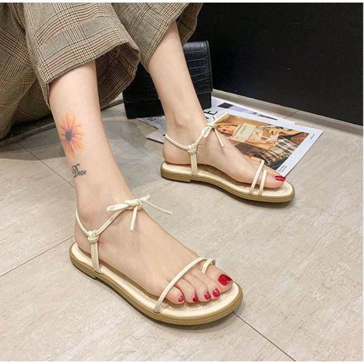 Giày Sandal xỏ ngón nữ quai ngang mảnh da mềm đế bệt lót trần chỉ đi êm chân 2 màu Kem + Đen xinh xắn - Mã S54