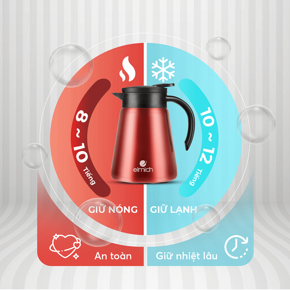 Bình giữ nhiệt gia đình Elmich EL8298 900ml, Hàng chính hãng, inox 304, có lõi lọc pha trà, pha cà phê - JoyMall