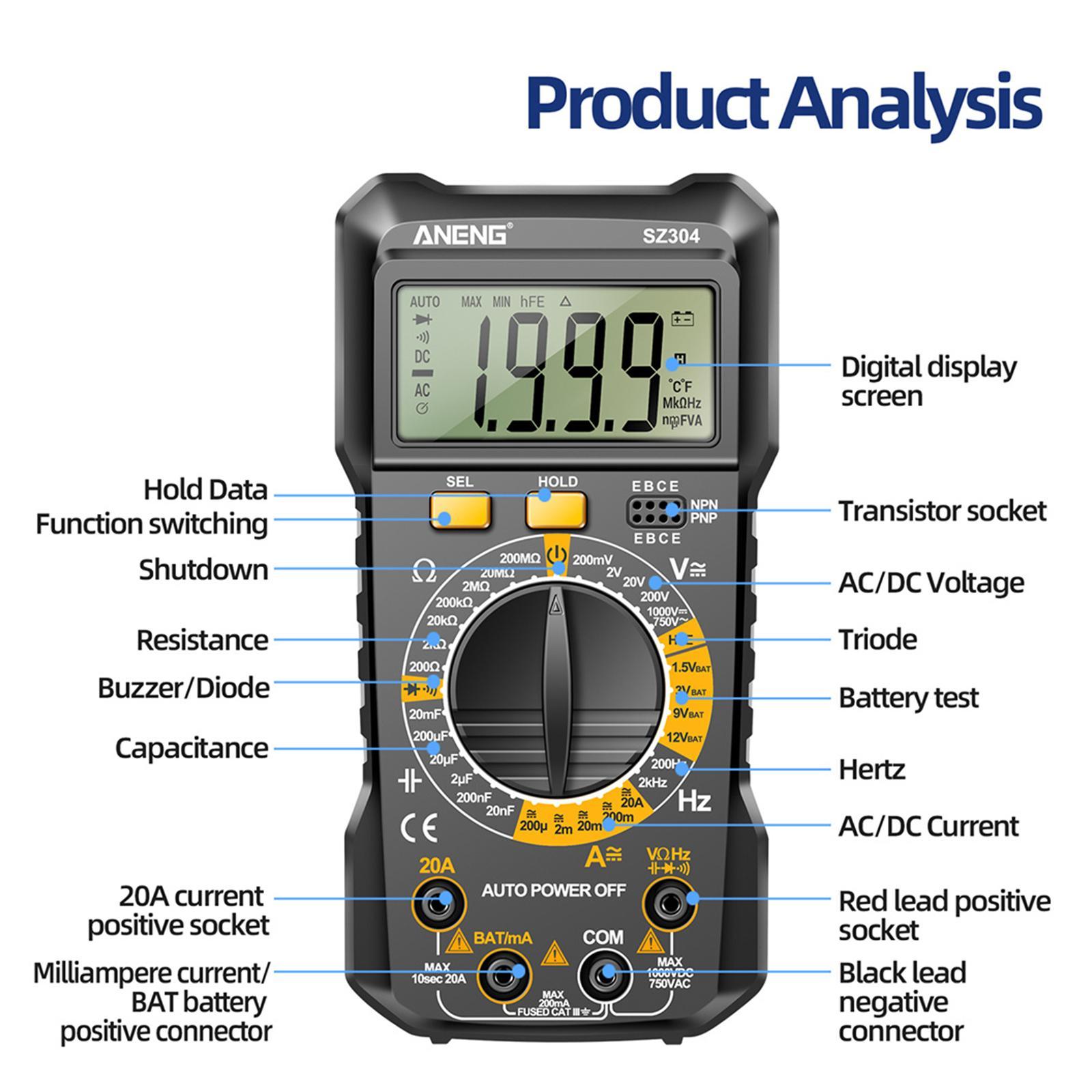 Electrical Multimeter Electrician Tool Multifunction Pocket DC Current Wide Measuring Continuity Capitance Voltage Meter Voltage Tester