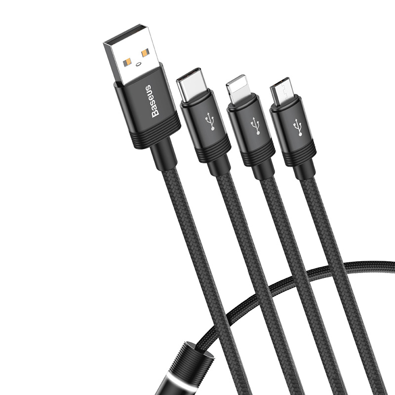 Cáp sạc 3 đầu đều hỗ trợ Data Baseus Data Fuction 3-in-1 Cable USB For M+L+T 3.5A 1.2M Black CAMLT-PY01 - Hàng chính hãng