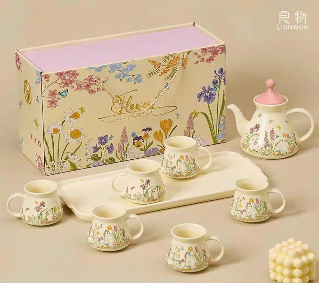 BỘ ẤM TRÀ SỨ Bunny & Flower VINTAGE CAO CẤP Hàng chính hãng