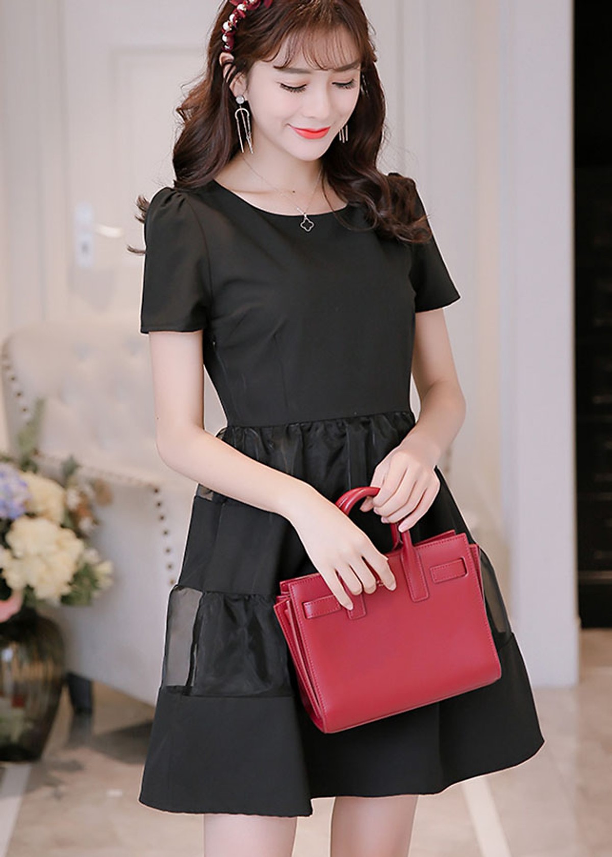 Đầm xòe phối voan lưới tiểu thư, thời trang trẻ, phong cách Hàn Quốc