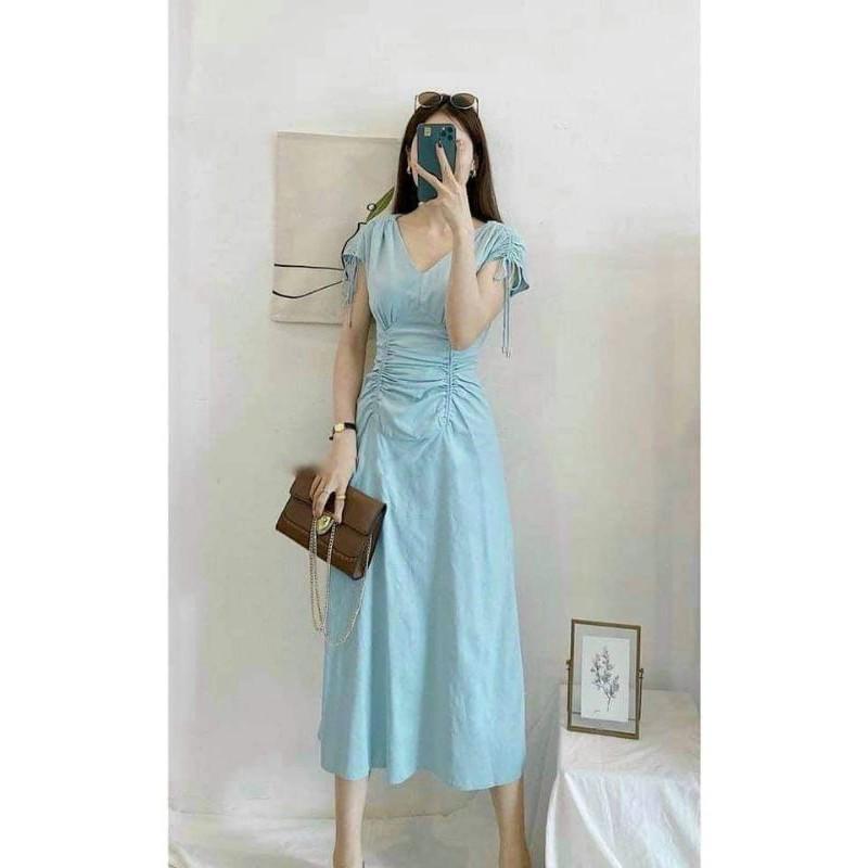 Đầm váy nữ midi xòe cổ V rút vai có 3 màu TKN