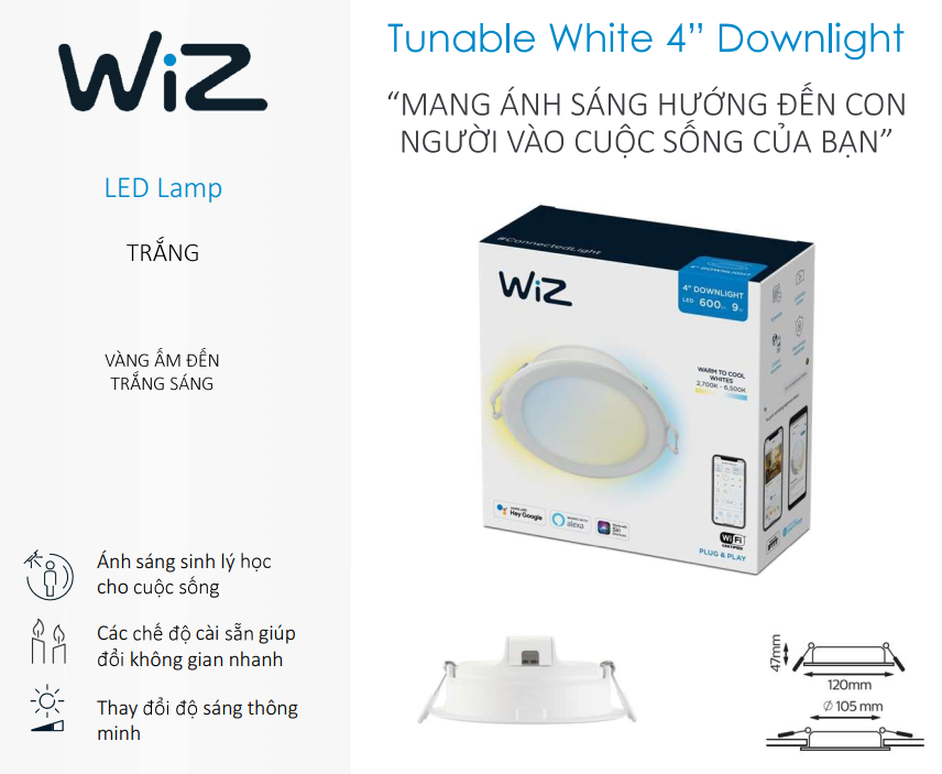 Đèn âm trần WiZ  thay đổi nhiệt độ màu Wi-Fi TW/9W RD4&quot; D105/827-65