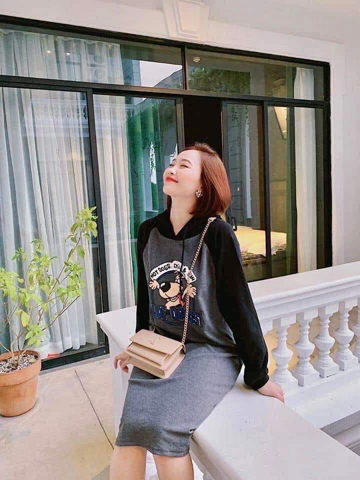 Váy Nỉ Nữ Hoodie Dáng Suông Có Mũ Dày Dặn