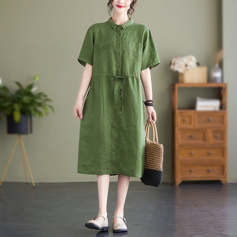 Đầm váy sơ mi nữ ngắn tay, Váy linen midi cổ sơ mi suông trơn có túi hông, thiết kế cơ bản trẻ trung cho nữ Đũi Việt