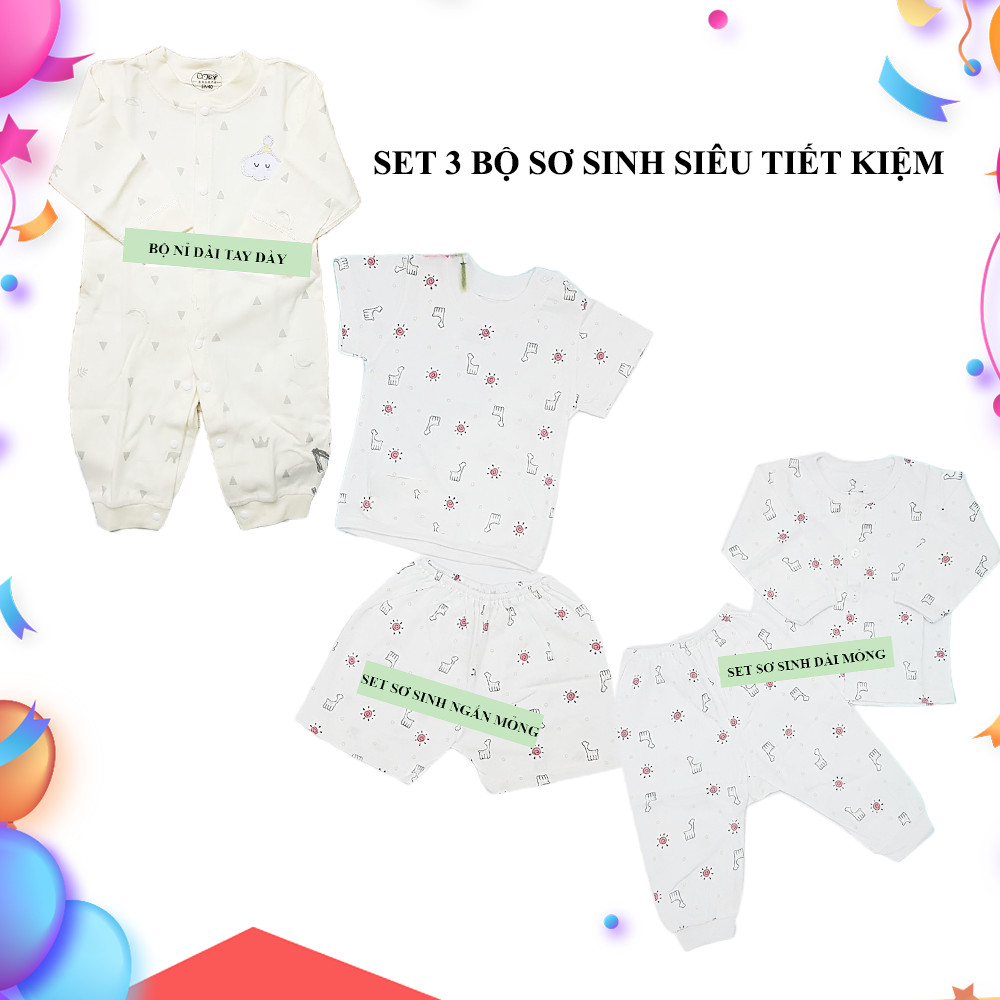 Set 3 bộ đồ sơ sinh cao cấp tiết kiệm cho bé trai và bé gái size 0-3m ( dưới 5,5kg)