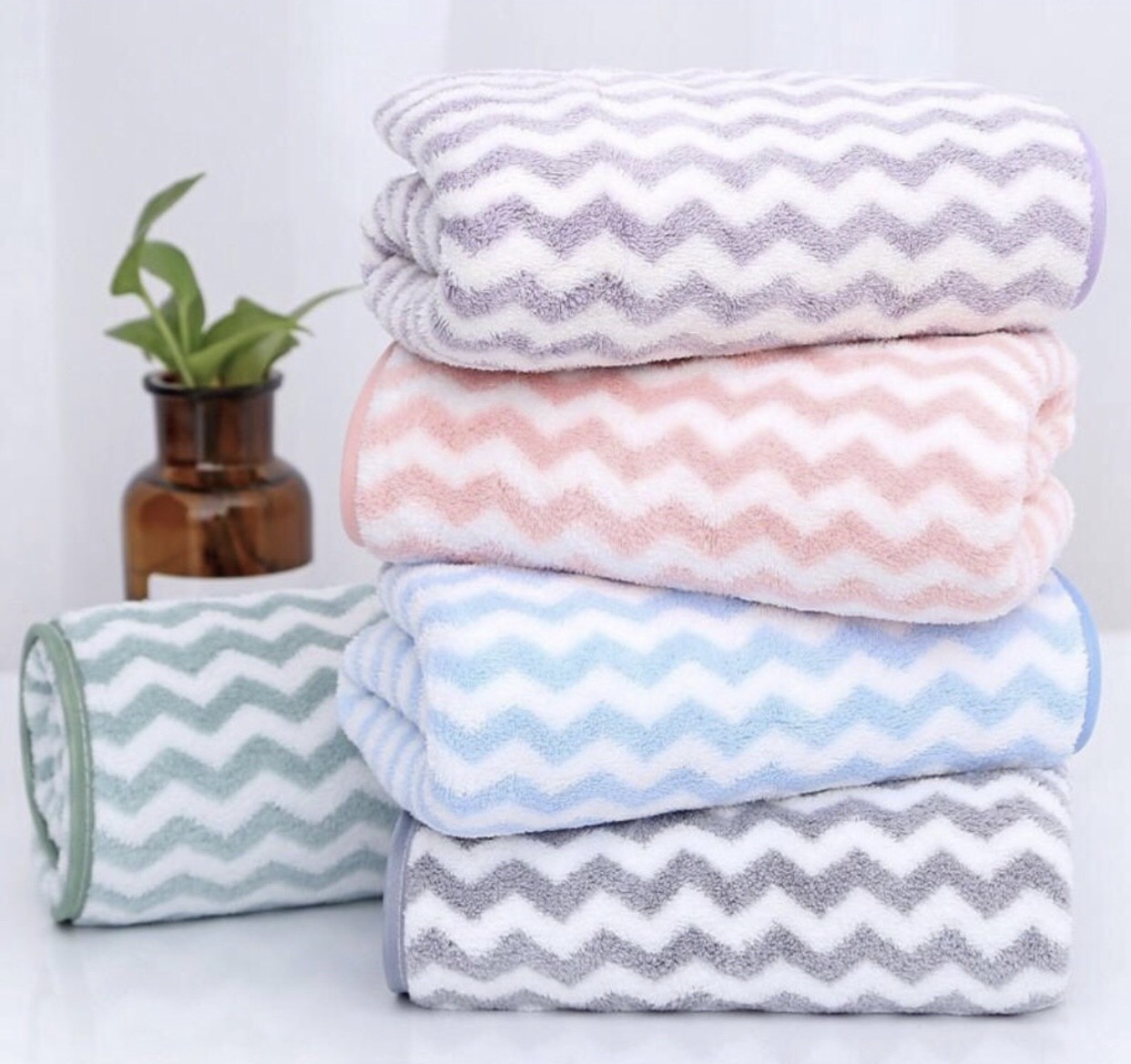 Khăn tắm lông cừu xuất hàn, kẻ sóng nhỏ, KT 50x100cm
