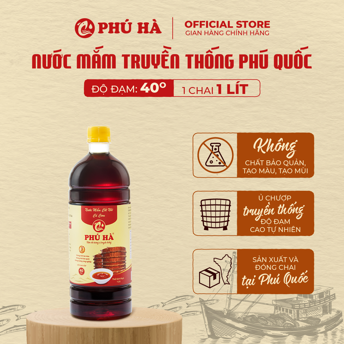 Nước mắm truyền thống Phú Quốc Phú Hà 40 độ đạm - Chai 1 lít